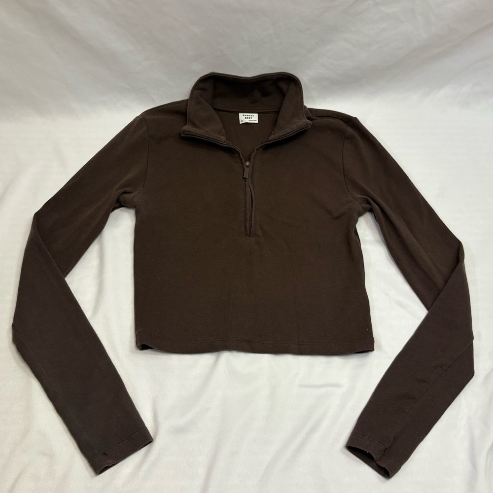 Sunday Best by Aritzia Brown Quarter Zip Cropped Long Sleeve Shirt Brown Wom XS